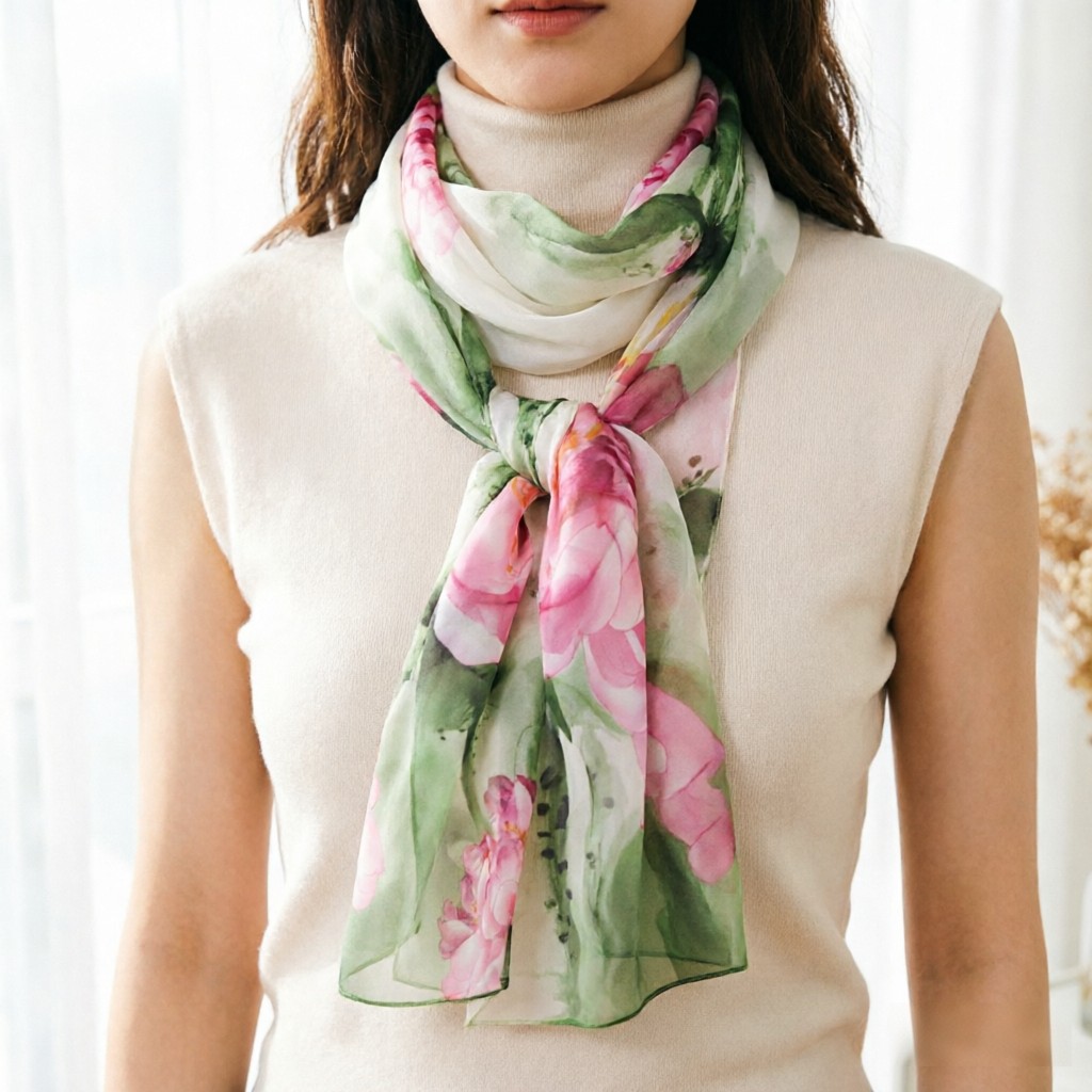 Face Scarf Mask - Watercolor Lotus Chiffon Scarf for Women